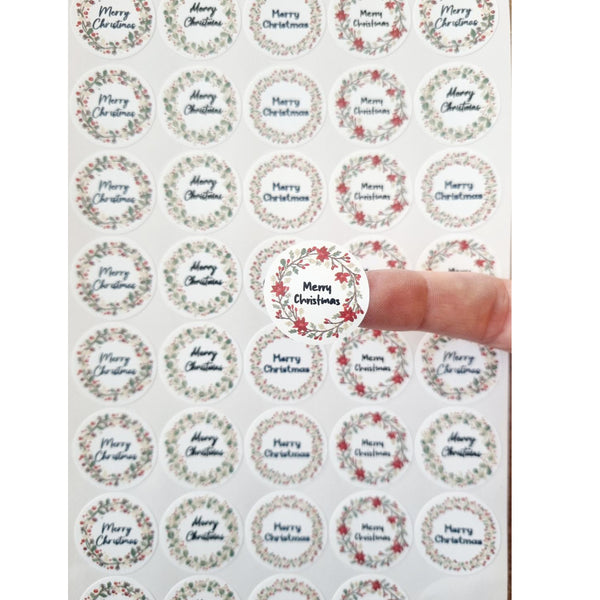 40 Merry Christmas Stickers Labels Holly Wreath Happy Self Adhesive Circle Gift