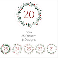 25 Christmas DIY Advent Calendar Number Holly Candy Cane Stickers Labels Holly