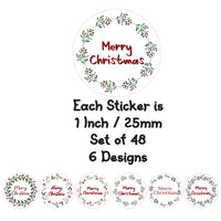 48 Merry Christmas Stickers Labels Holly Wreath Happy Self Adhesive Circle Gift