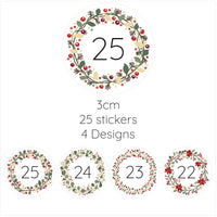 25 Christmas DIY Advent Calendar Number Holly Candy Cane Stickers Labels Holly