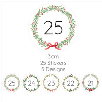 25 Christmas DIY Advent Calendar Number Holly Candy Cane Stickers Labels Holly
