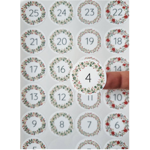 25 Christmas DIY Advent Calendar Number Holly Candy Cane Stickers Labels Holly