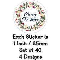 40 Merry Christmas Stickers Labels Holly Wreath Happy Self Adhesive Circle Gift