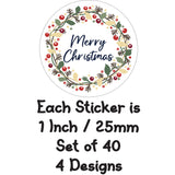40 Merry Christmas Stickers Labels Holly Wreath Happy Self Adhesive Circle Gift