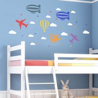 Children's Wall Sticker - Aeroplane Hot Air Balloon Helicopter Stars Clouds Decal