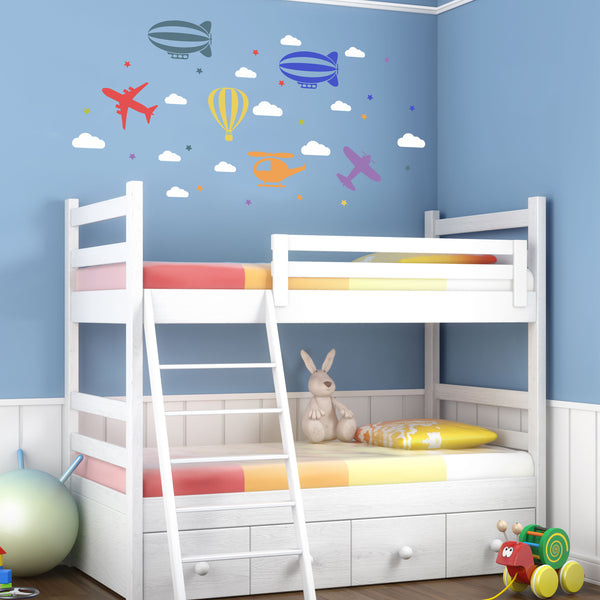 Children's Wall Sticker - Aeroplane Hot Air Balloon Helicopter Stars Clouds Decal